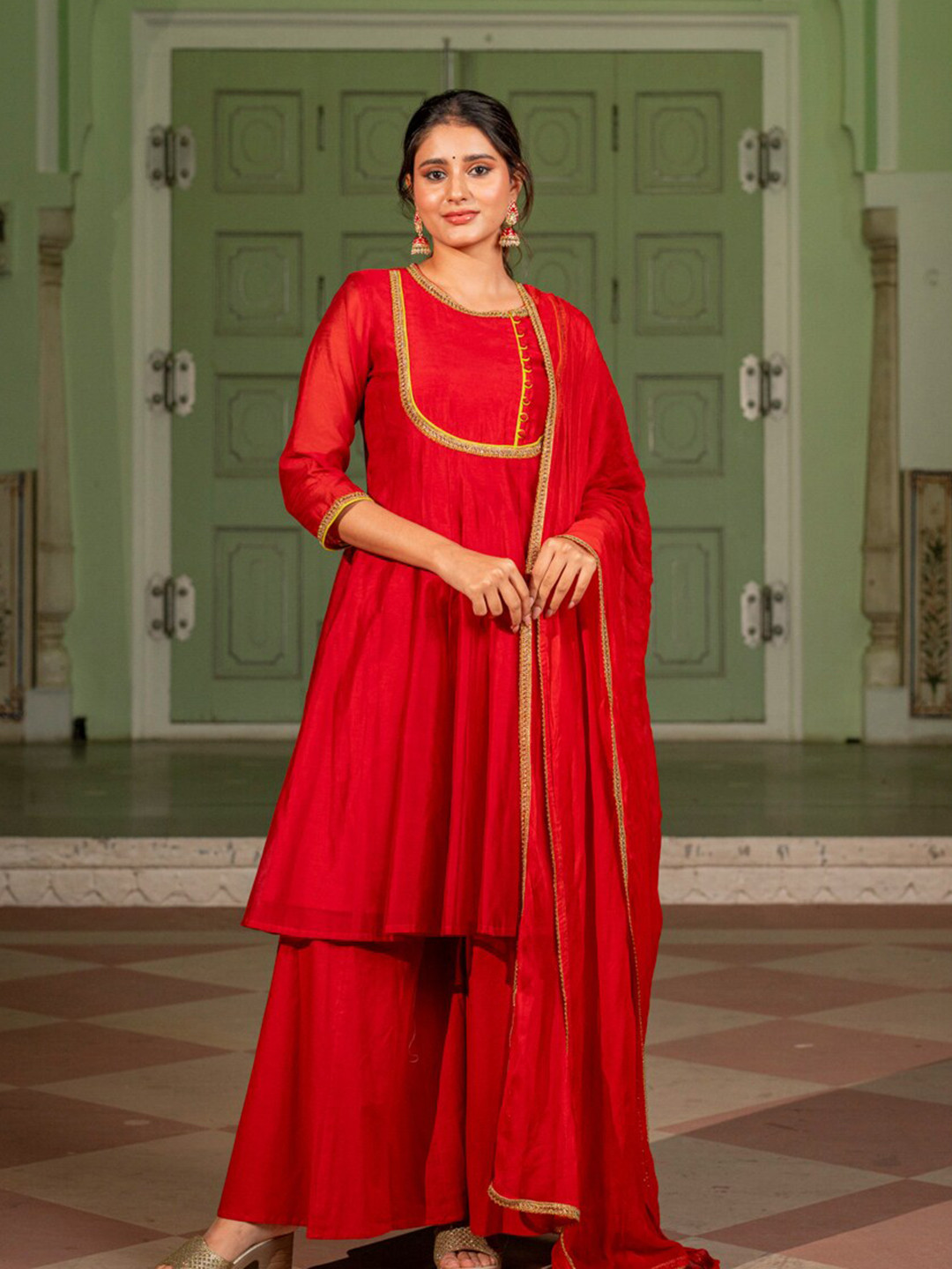 

Ambraee Round Neck Gotta Patti Panelled Anarkali Kurta With Sharara & Dupatta, Red