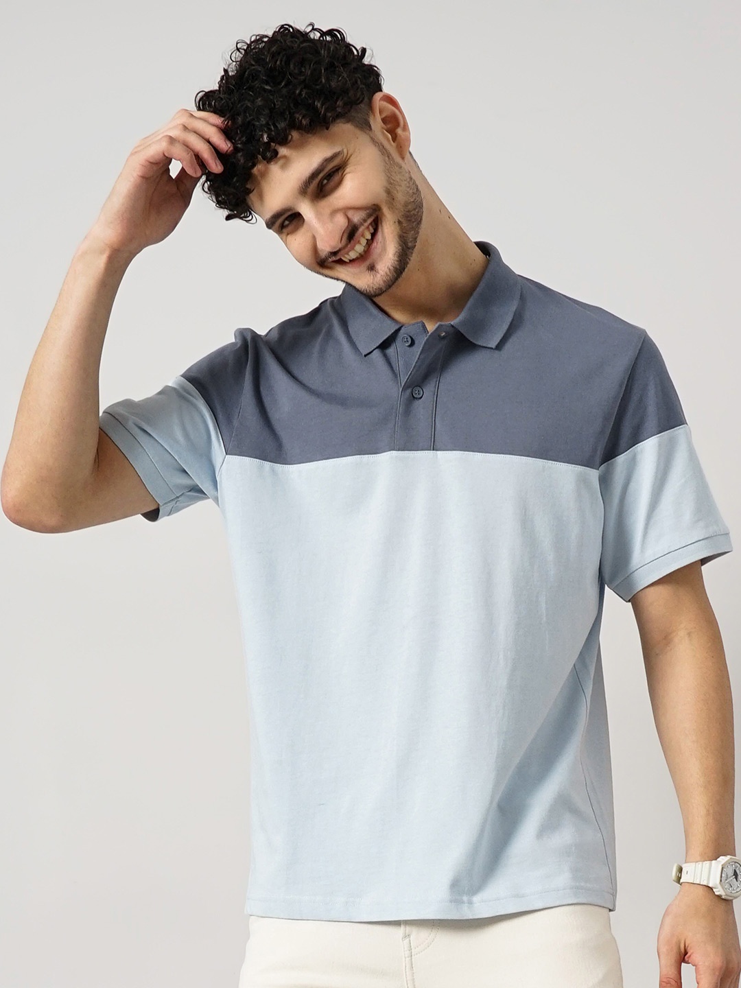 

Celio Colourblocked Regular Fit Cotton Polo T-Shirt, Blue