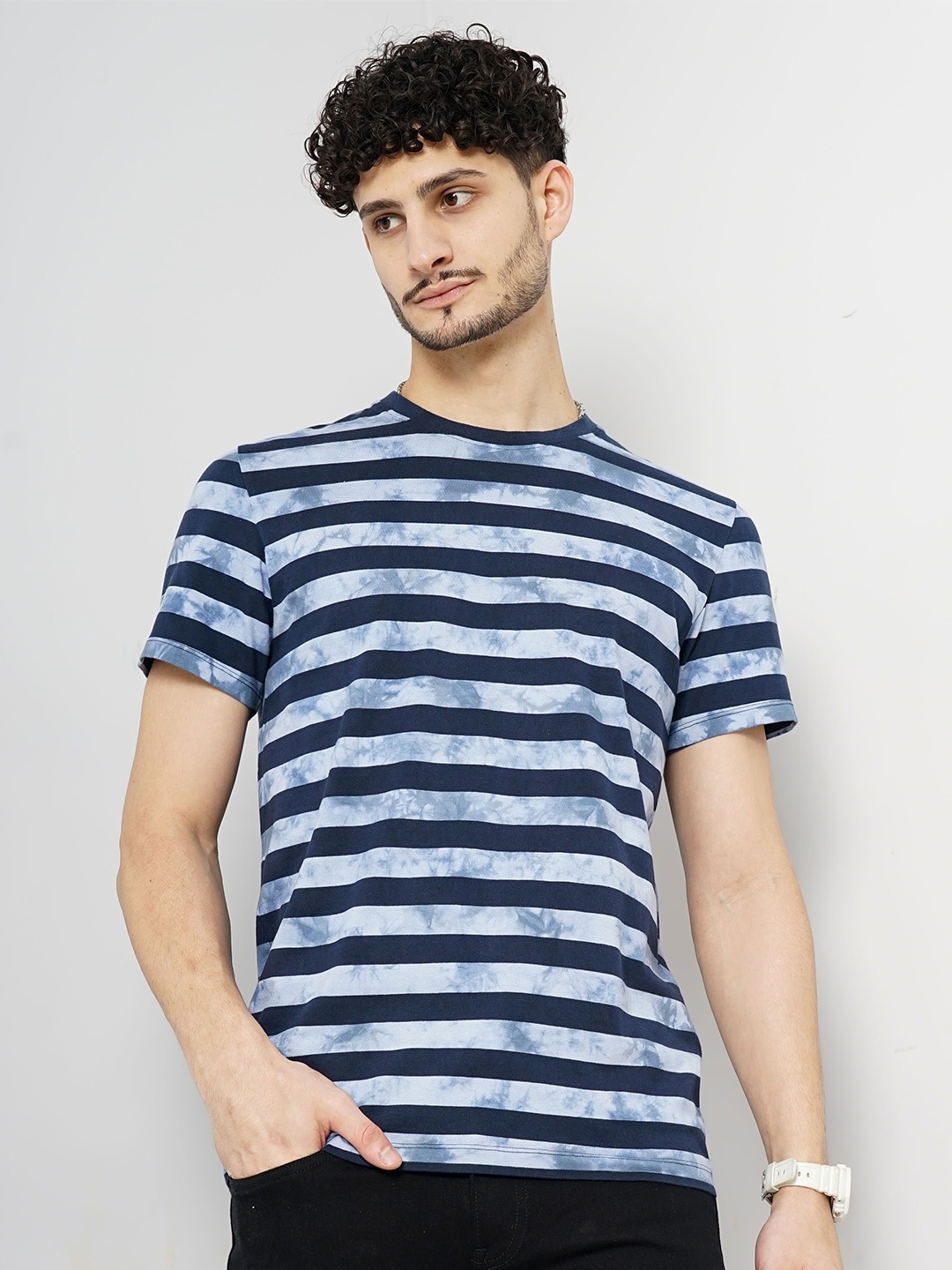 

Celio Striped Regular Fit Cotton T-Shirt, Blue