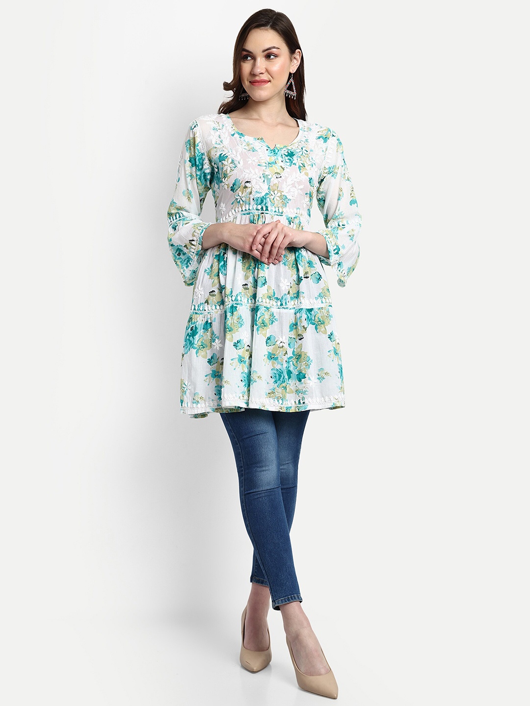 

Indiankala4u Floral Embroidered Chikankari Tiered Kurti, Blue