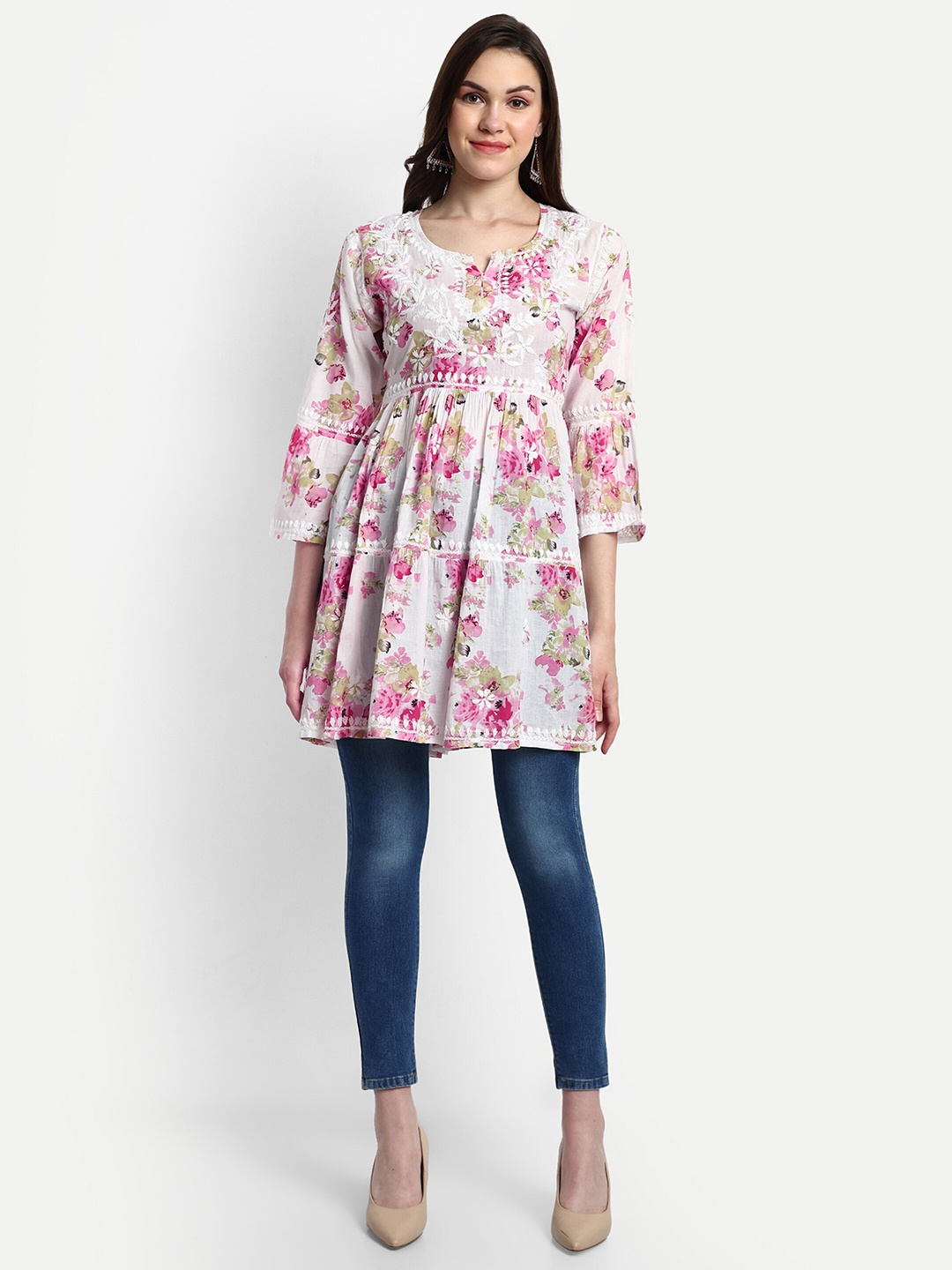 

Indiankala4u Floral Embroidered Chikankari Tiered Kurti, Pink