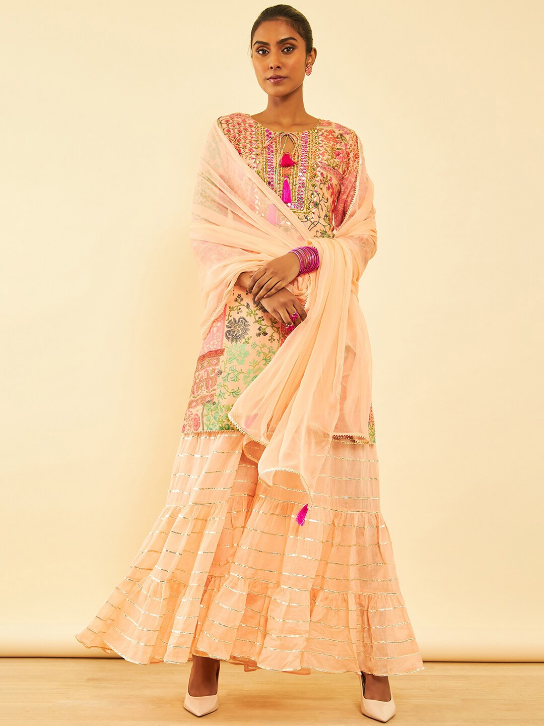 

Soch Peach-Coloured Floral Printed Regular Mirror Work Kurta with Sharara & Dupatta