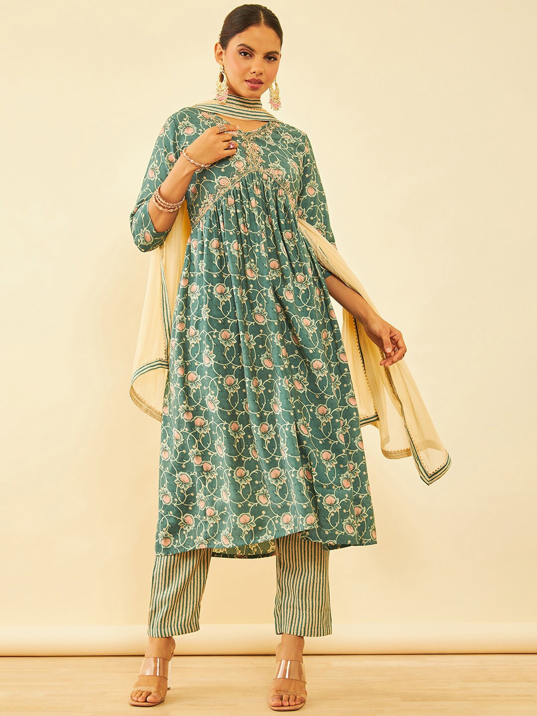 

Soch Teal Floral Printed Sequinned Anarkali Kurta with Trousers & Dupatta