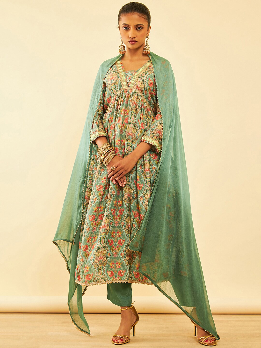 

Soch Green Floral Printed Zari Anarkali Kurta with Trousers & Dupatta
