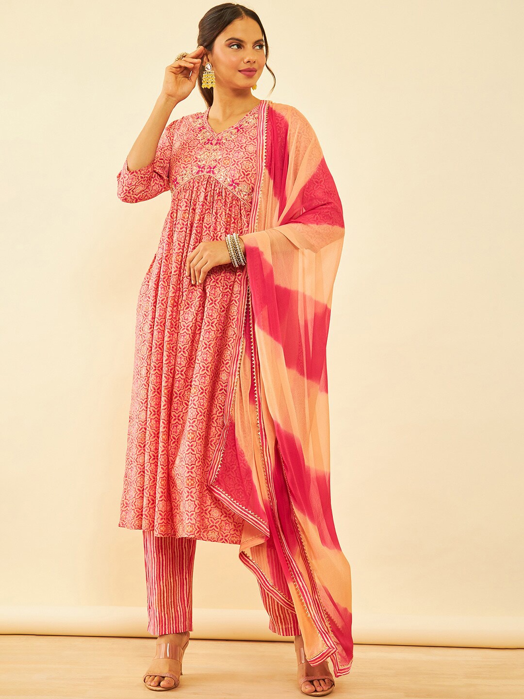 

Soch Coral Printed Zardozi Anarkali Kurta with Trousers & Dupatta
