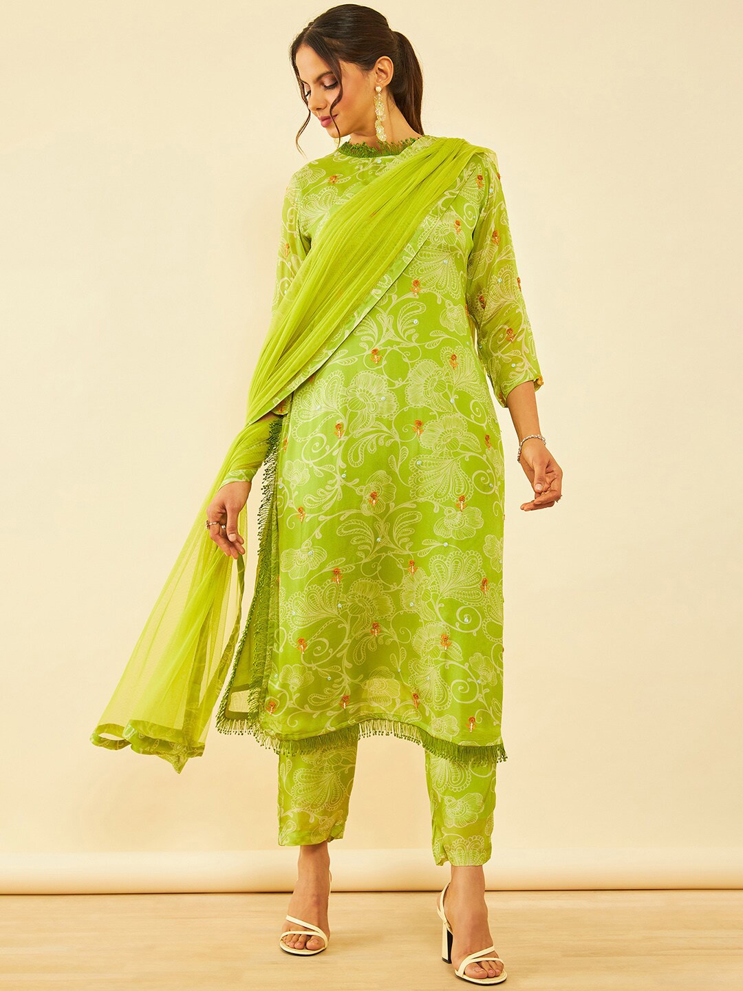 

Soch Green Floral Printed Regular Thread Work Kurta with Trousers & Dupatta
