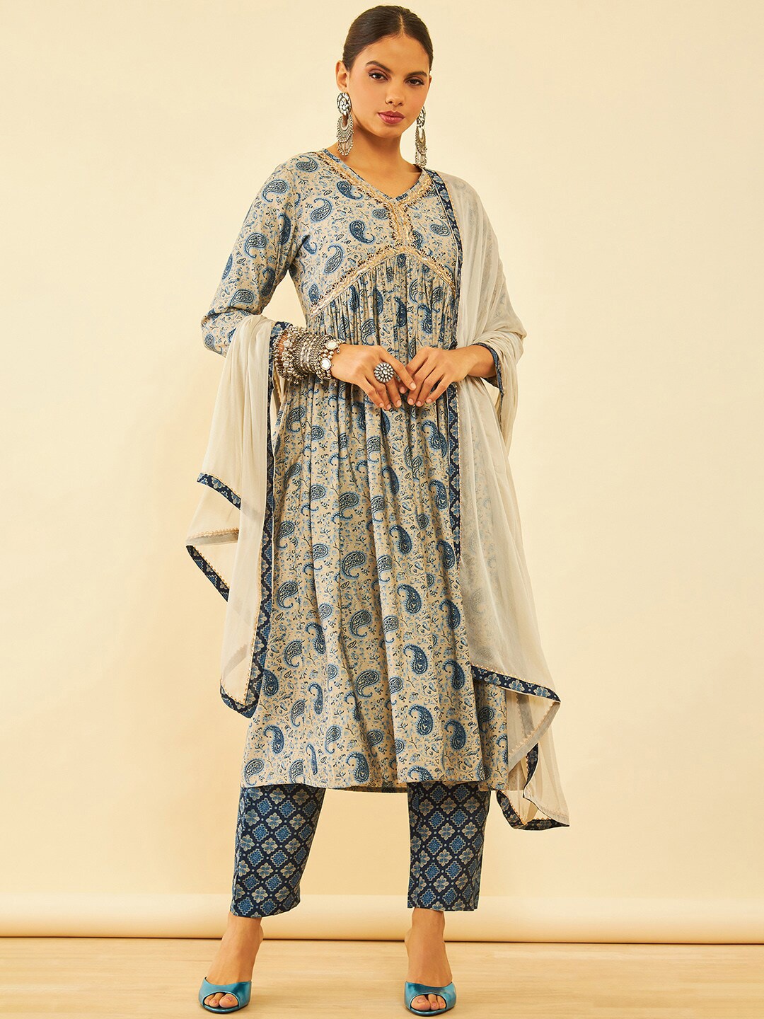 

Soch Blue Paisley Printed Sequinned A-Line Kurta with Trousers & Dupatta