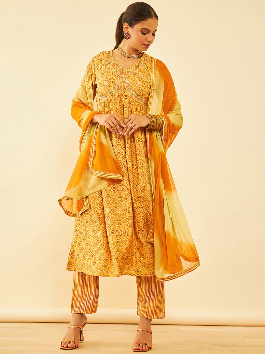 

Soch Printed Zardozi Kurta with Trousers & With Dupatta, Mustard