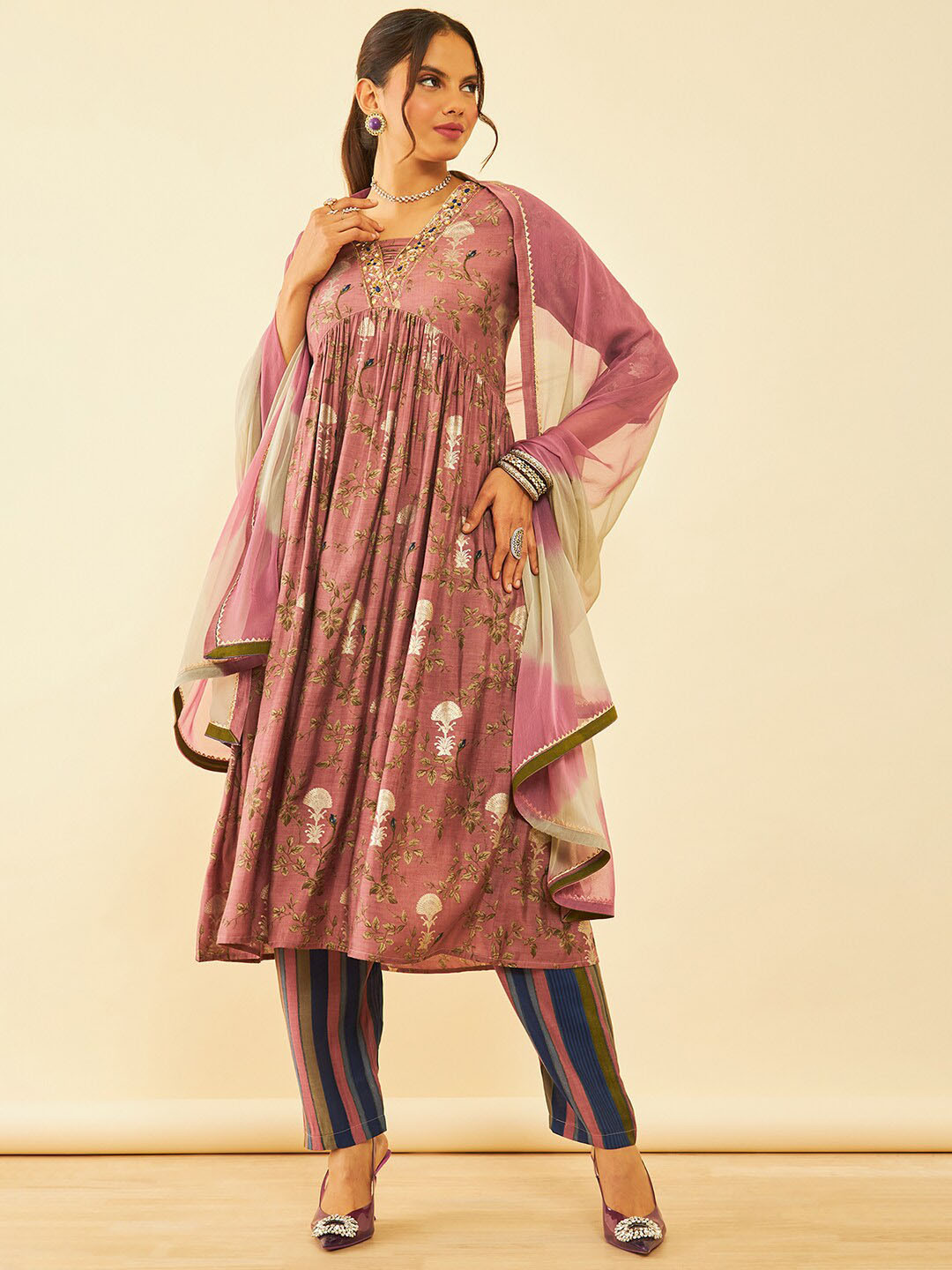 

Soch Printed Sequinned Kurta with Trousers & With Dupatta, Pink