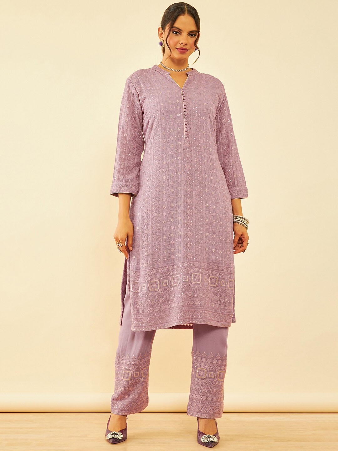 

Soch Embroidered Regular Sequinned Kurta with Trousers, Pink