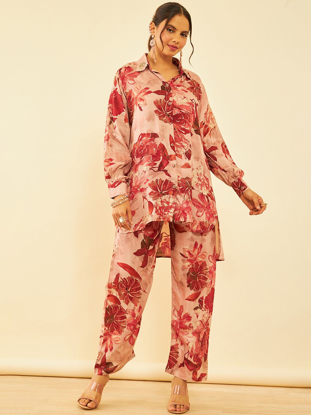 

Soch Floral Printed Beads and Stones Kurta with Trousers, Peach