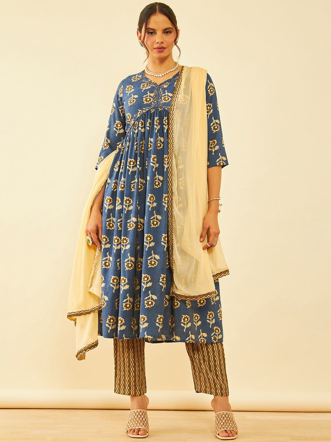 

Soch Floral Printed V-Neck Sequinned A-Line Kurta with Trousers & Dupatta, Blue