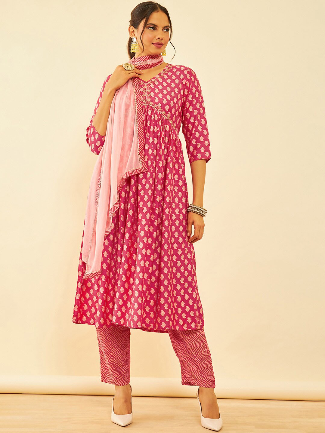 

Soch Paisley Printed Sequinned V-Neck A-Line Kurta with Trousers & Dupatta, Coral