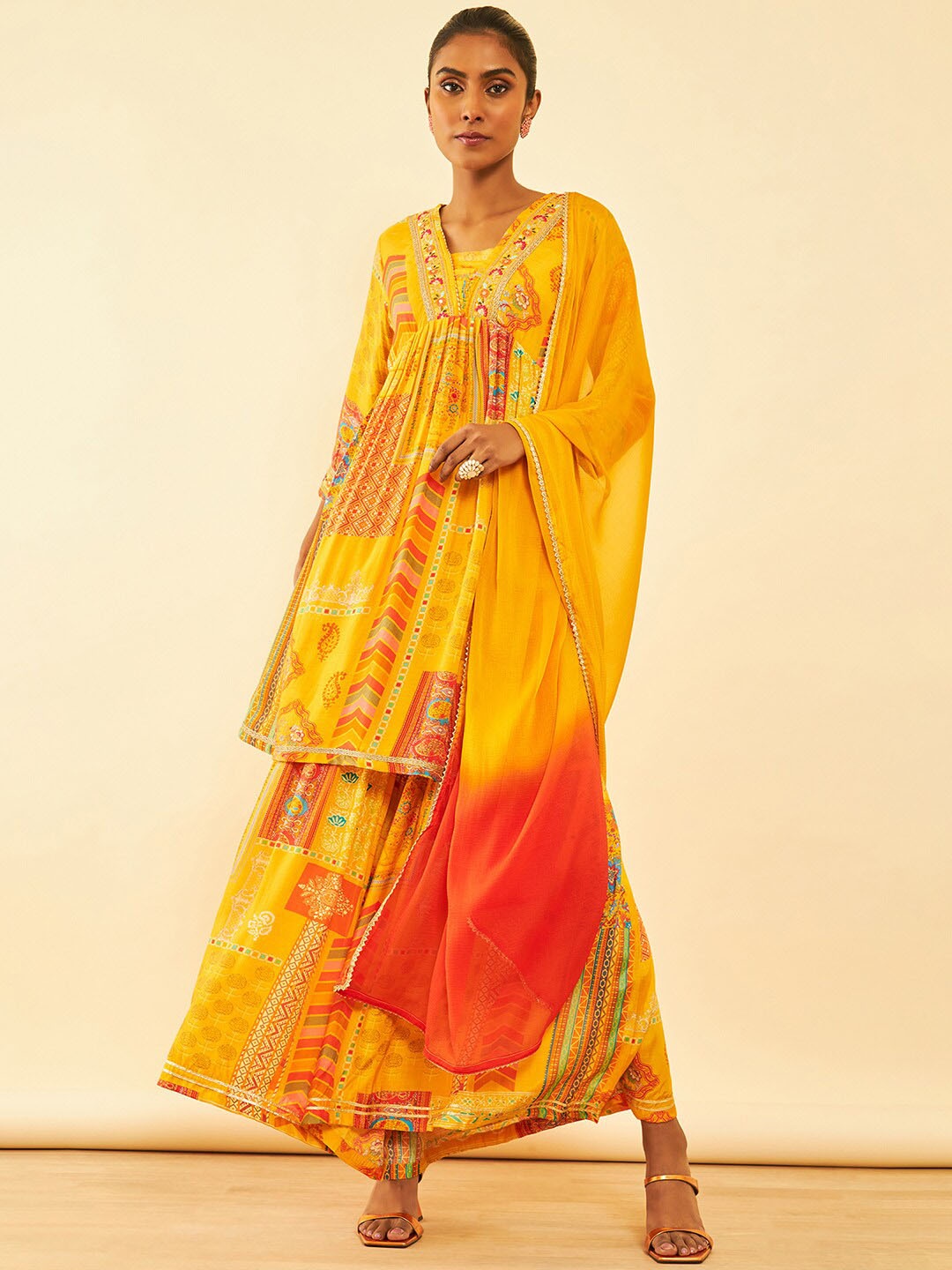 

Soch Ethnic Motifs Printed Sequinned V-Neck A-Line Kurta with Sharara & Dupatta, Yellow