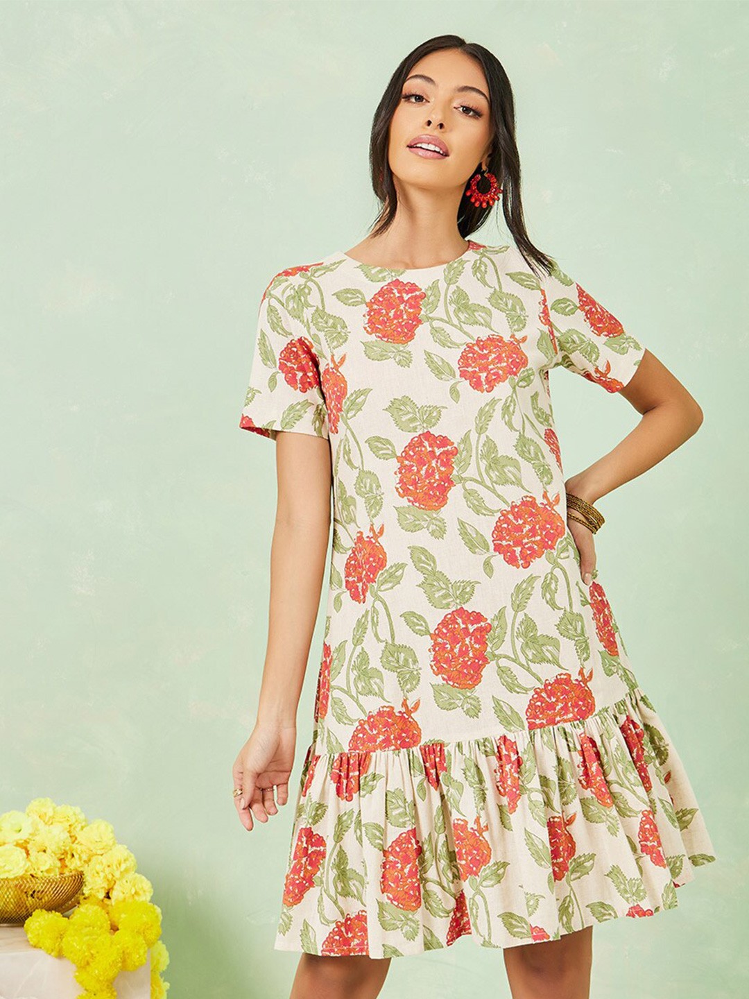 

Styli Floral Printed Cotton Drop Waist Tiered A Line Dress, Off white