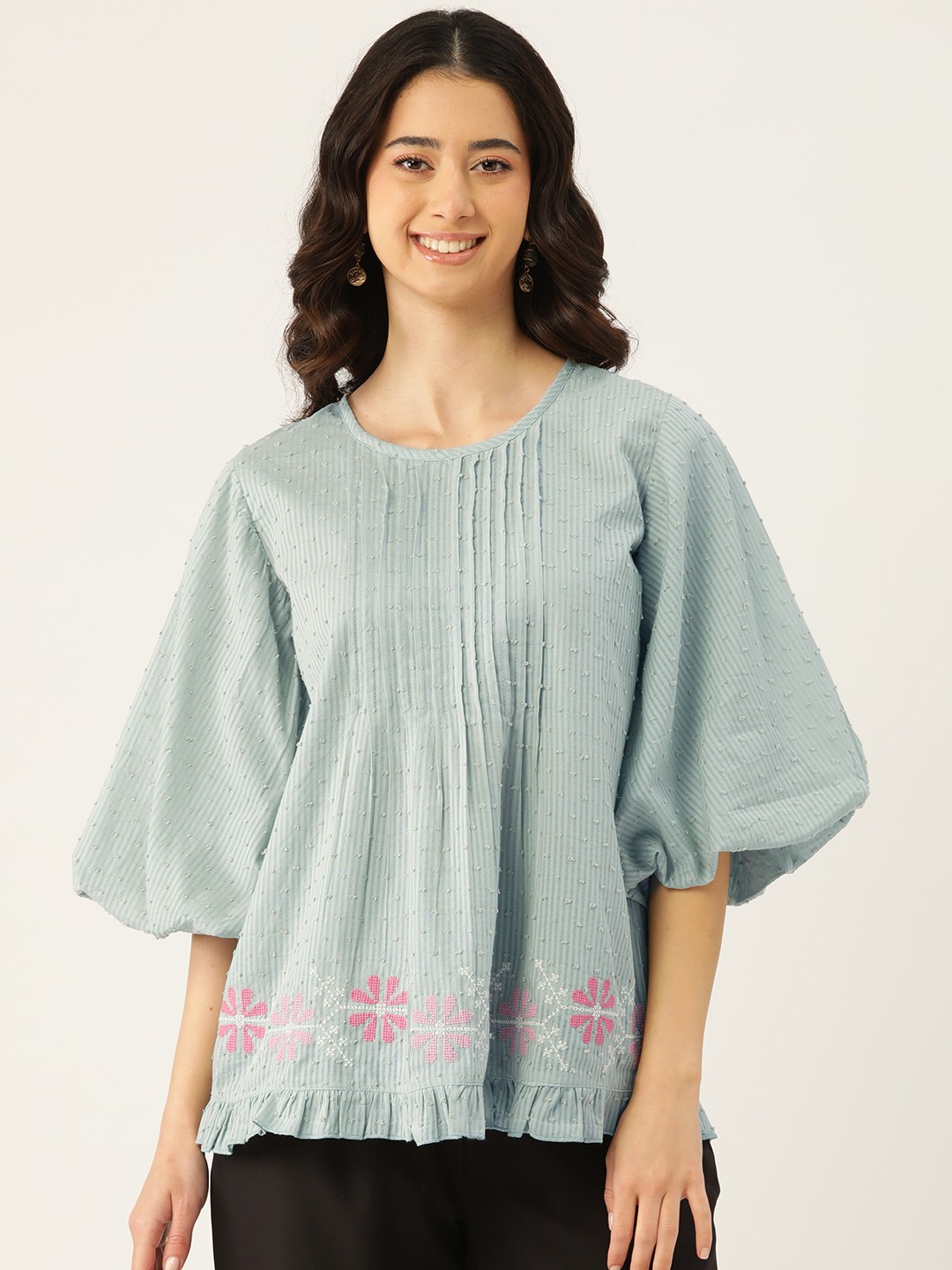 

MISRI Floral Embroidered Puff Sleeve Cotton Top, Green