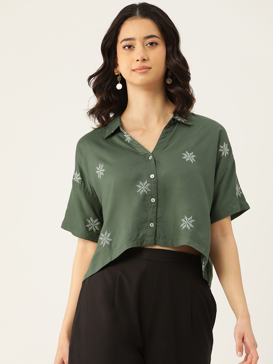 

MISRI Women Floral Embroidered Shirt Style Crop Top, Olive