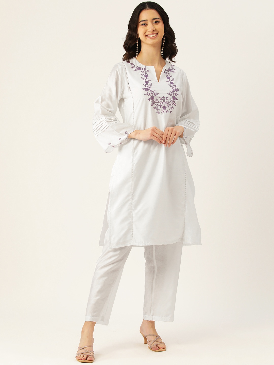 

MISRI Floral Embroidered Pure Cotton Kurta with Palazzos, White