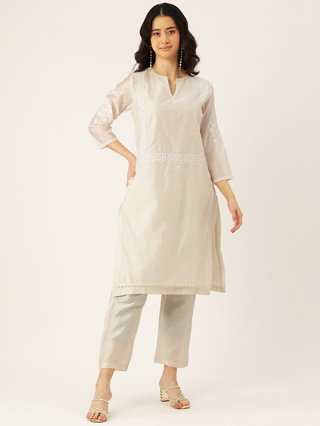 

MISRI Printed Sequinned Pure Cotton Kurta with Trousers, Off white