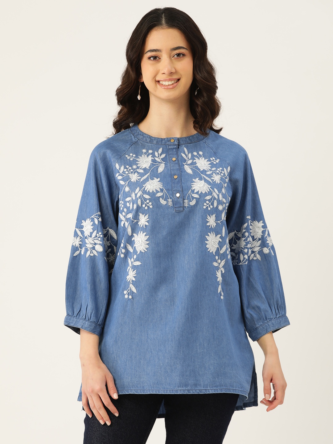 

MISRI Women Floral Embroidered Cotton Denim Top, Blue