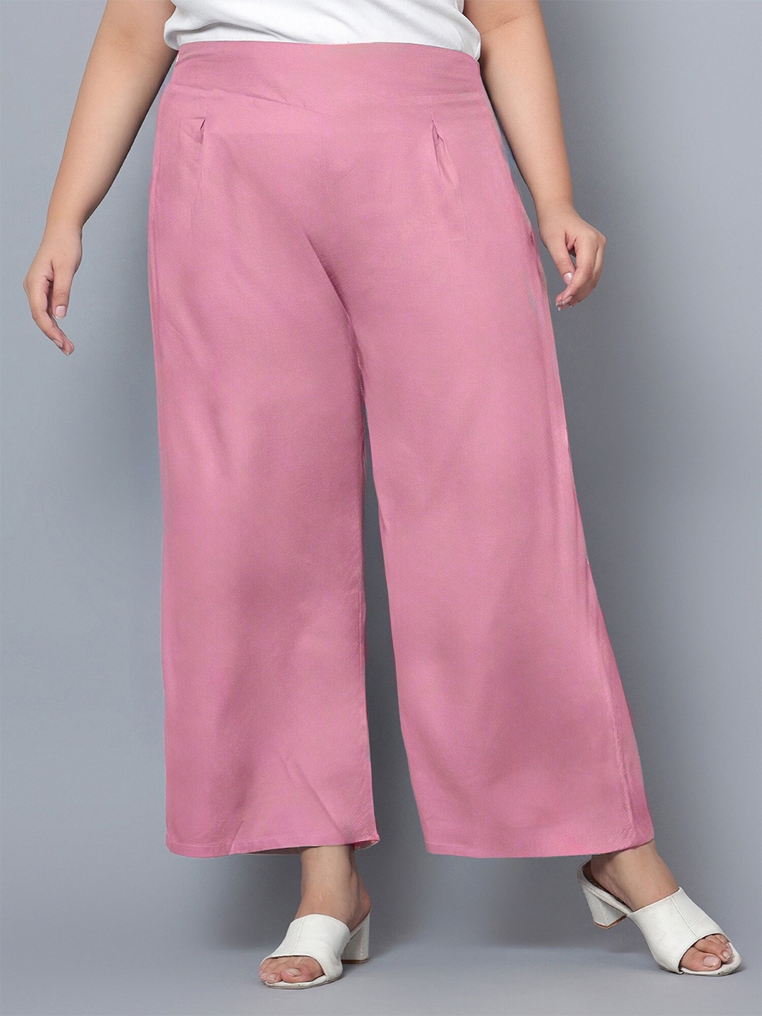 

Indietoga Women Plus Size Solid Rayon Casual Trousers, Pink