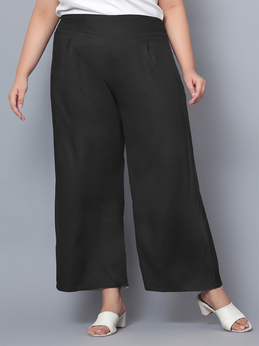 

Indietoga Women Plus Size Solid Rayon Casual Trousers, Black