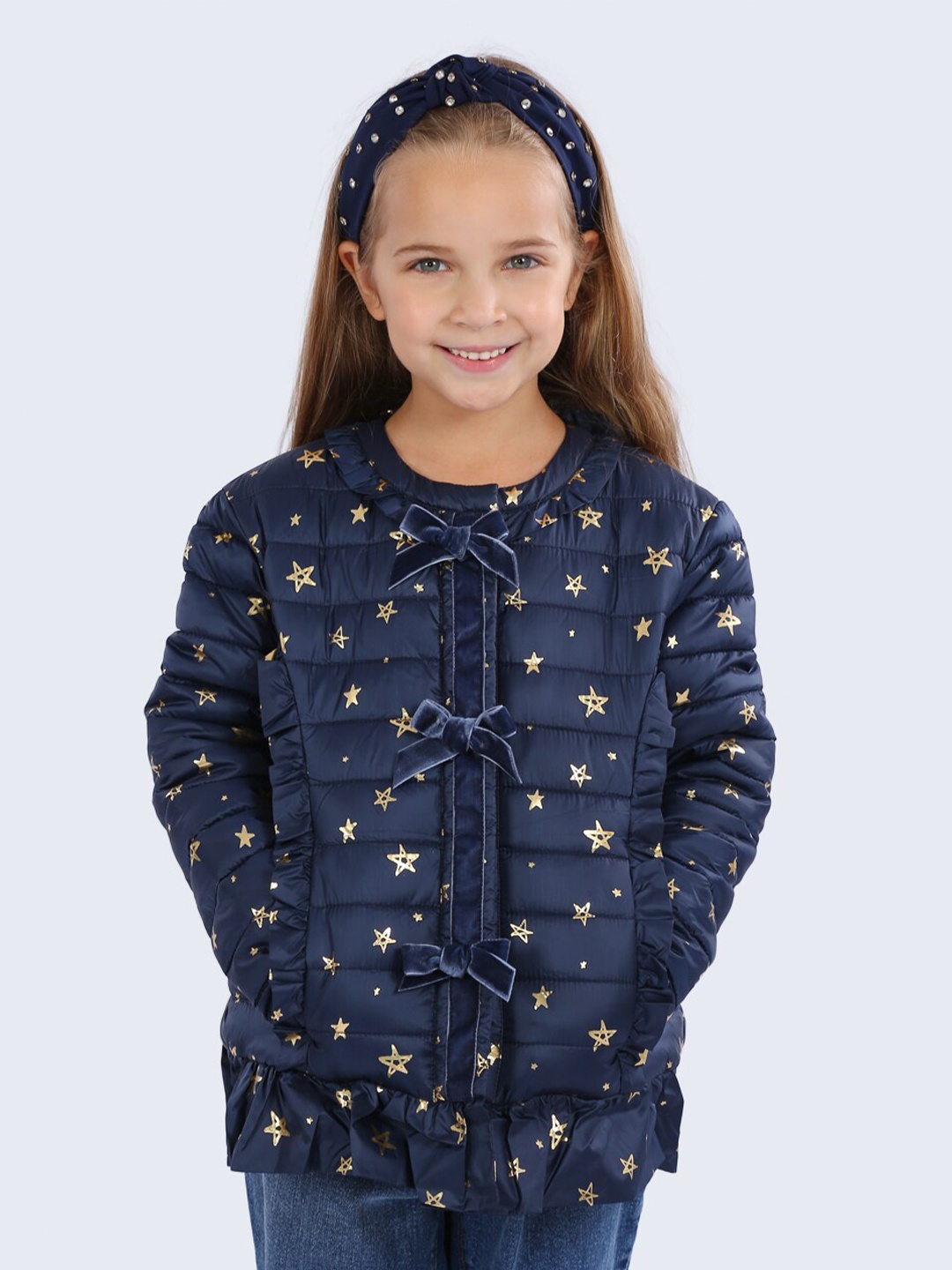 

One Friday Girls Collarless Printed Padded Jacket, Navy blue