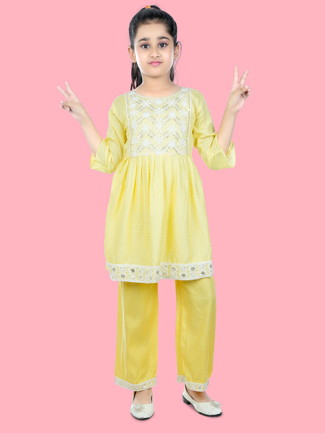 

BAESD Girls Embroidered Round Neck Three-Quarter Sleeves Thread Work Kurta with Pyjamas, Yellow