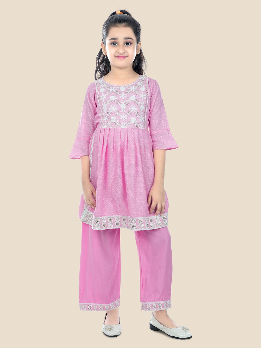 

BAESD Girls Pink Embroidered Thread Work Flared Kurta with Pyjamas