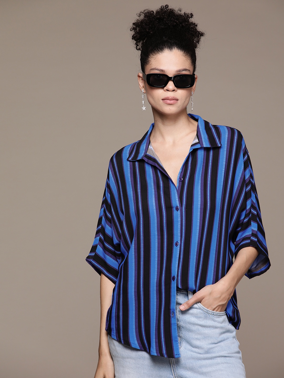 

The Roadster Lifestyle Co. Striped Longline Casual Shirt, Navy blue