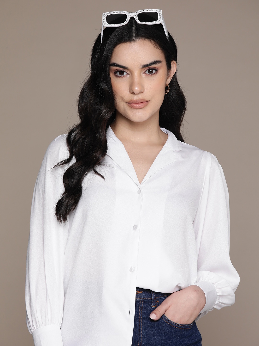 The Roadster Lifestyle Co. Cuban Collar Puff Sleeves Shirt, White