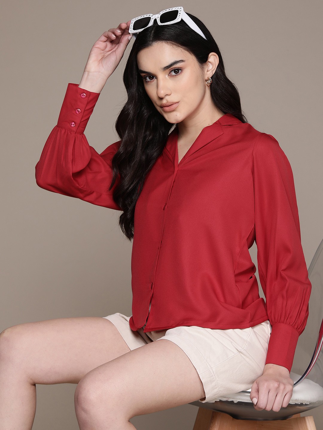 

The Roadster Lifestyle Co. Cuban Collar Puff Sleeves Shirt, Red