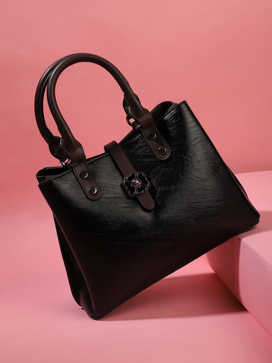 

HAUTE SAUCE by Campus Sutra Textured Leather Structured Handheld Bag, Black