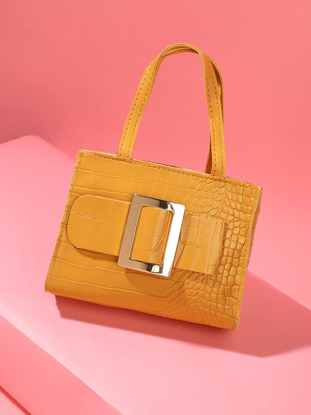 

HAUTE SAUCE by Campus Sutra Textured Structured Buckle Detailed Leather Handheld Bag, Yellow