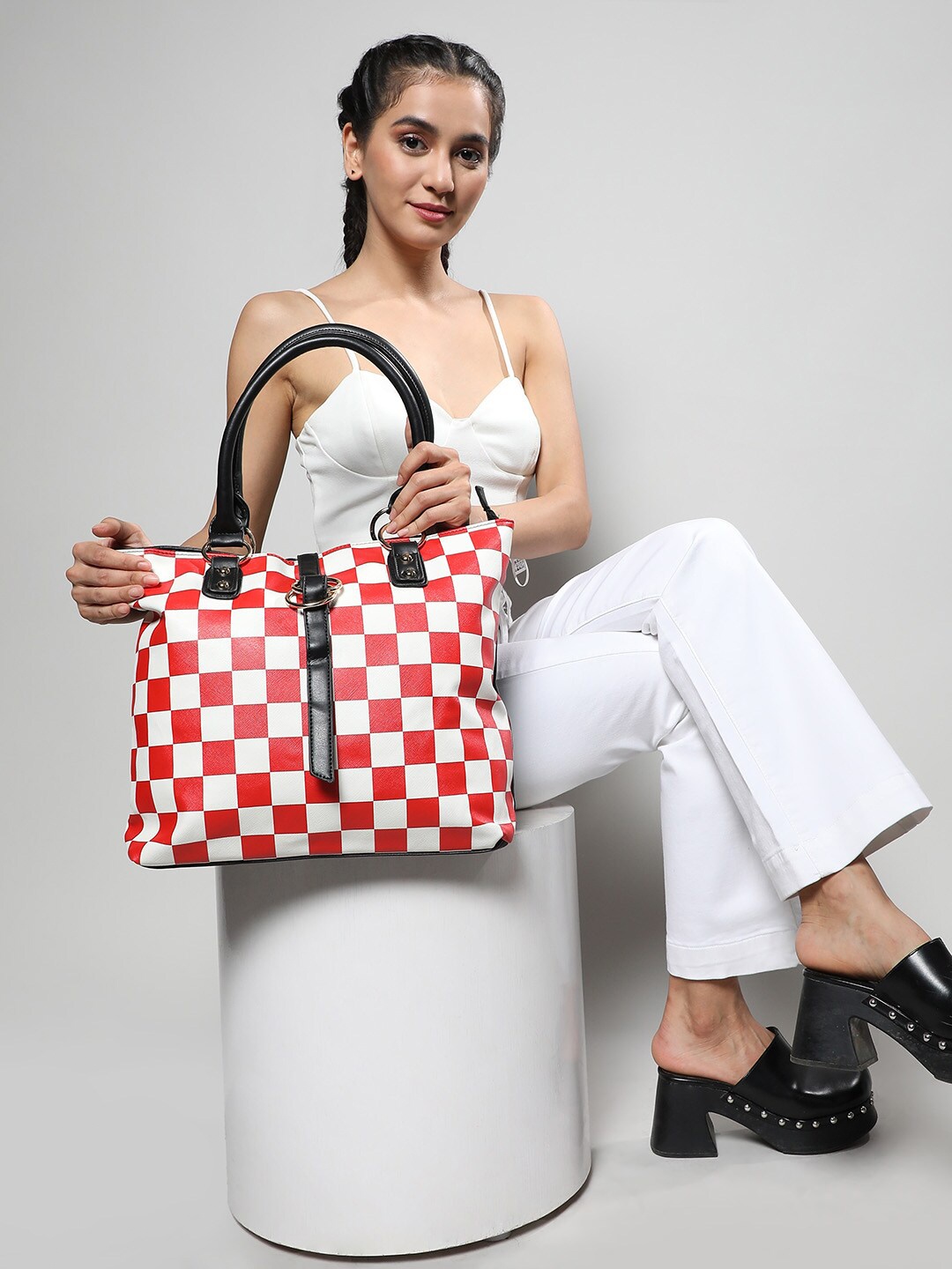 

HAUTE SAUCE by Campus Sutra Checked Structured Leather Shoulder Bag, Red