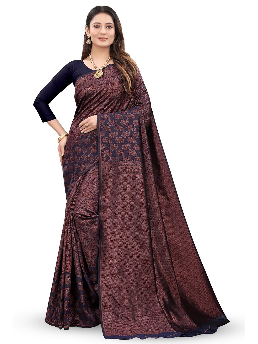 

Linza Ethnic Motif Woven Design Pure Silk Banarasi Saree, Navy blue