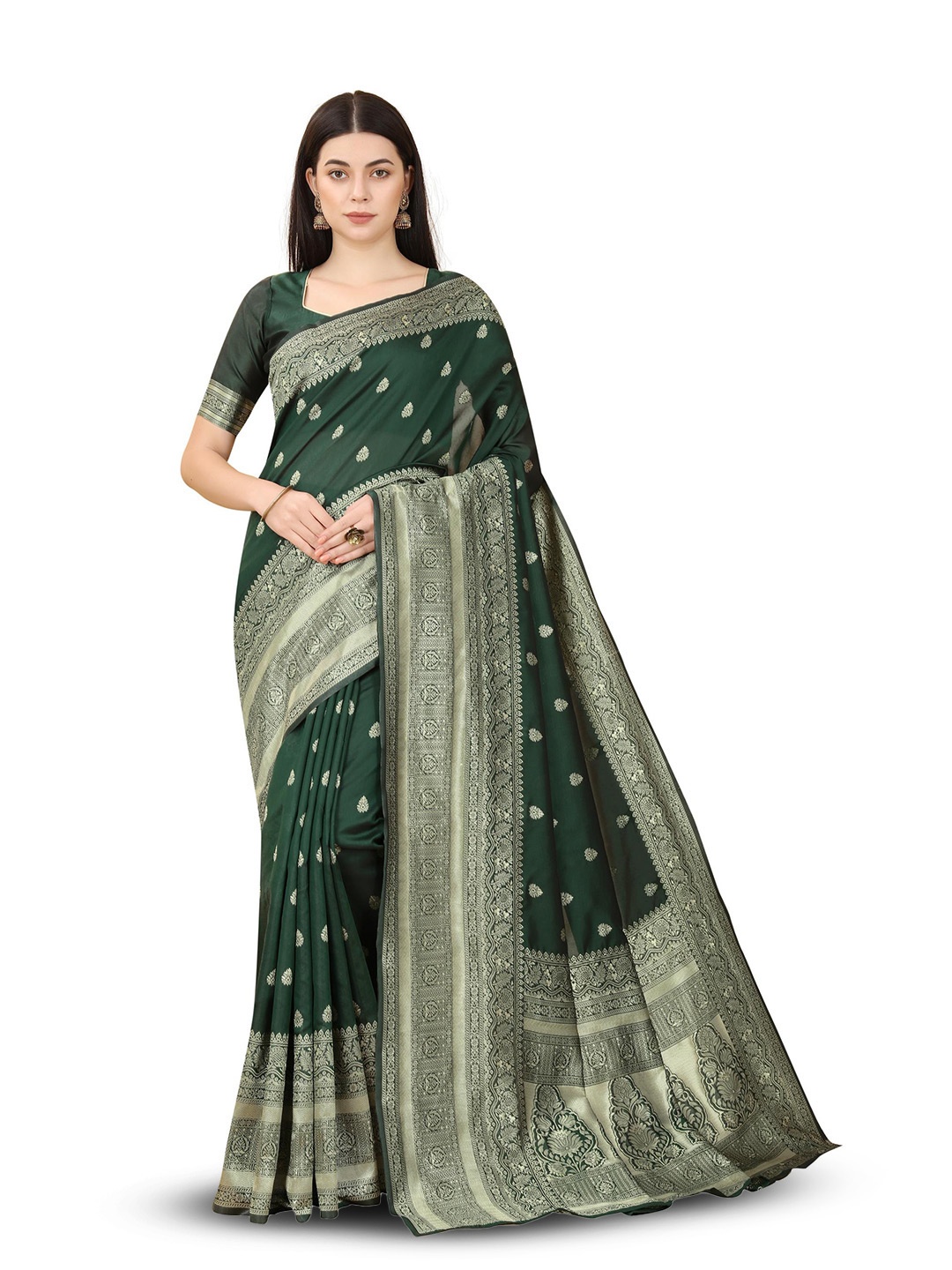

Linza Ethnic Motif Woven Design Pure Silk Banarasi Saree, Green