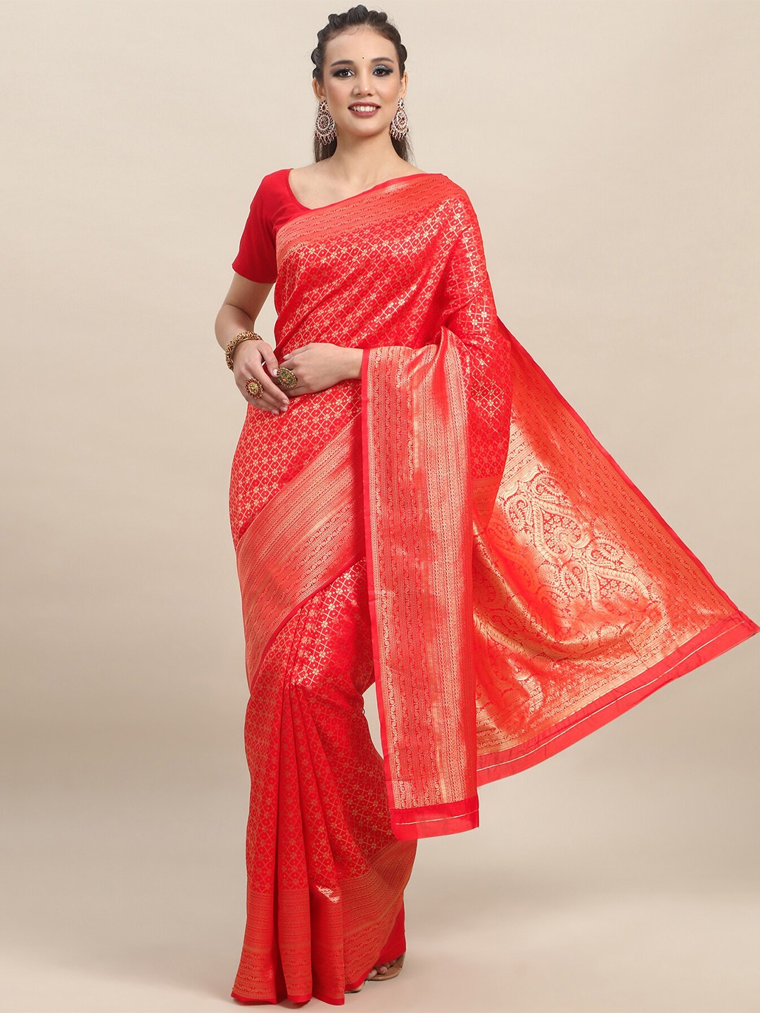 

Linza Ethnic Motifs Woven Design Pure Silk Banarasi Zari Saree, Red