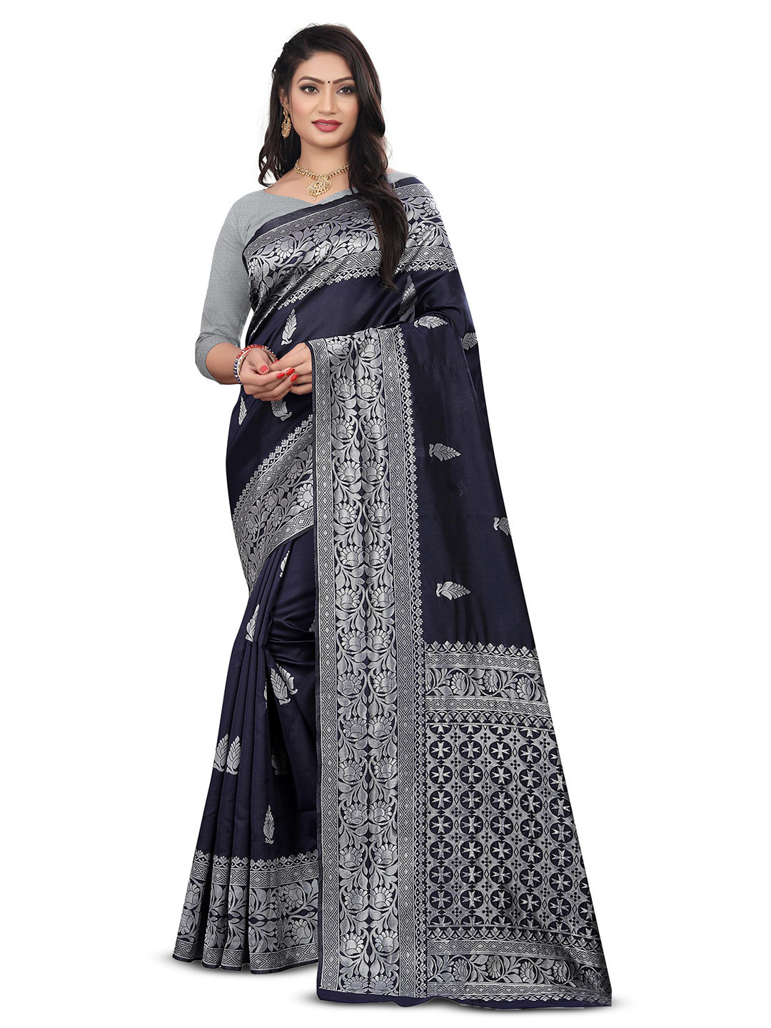 

Linza Ethnic Motifs Woven Design Pure Silk Banarasi Zari Saree, Navy blue
