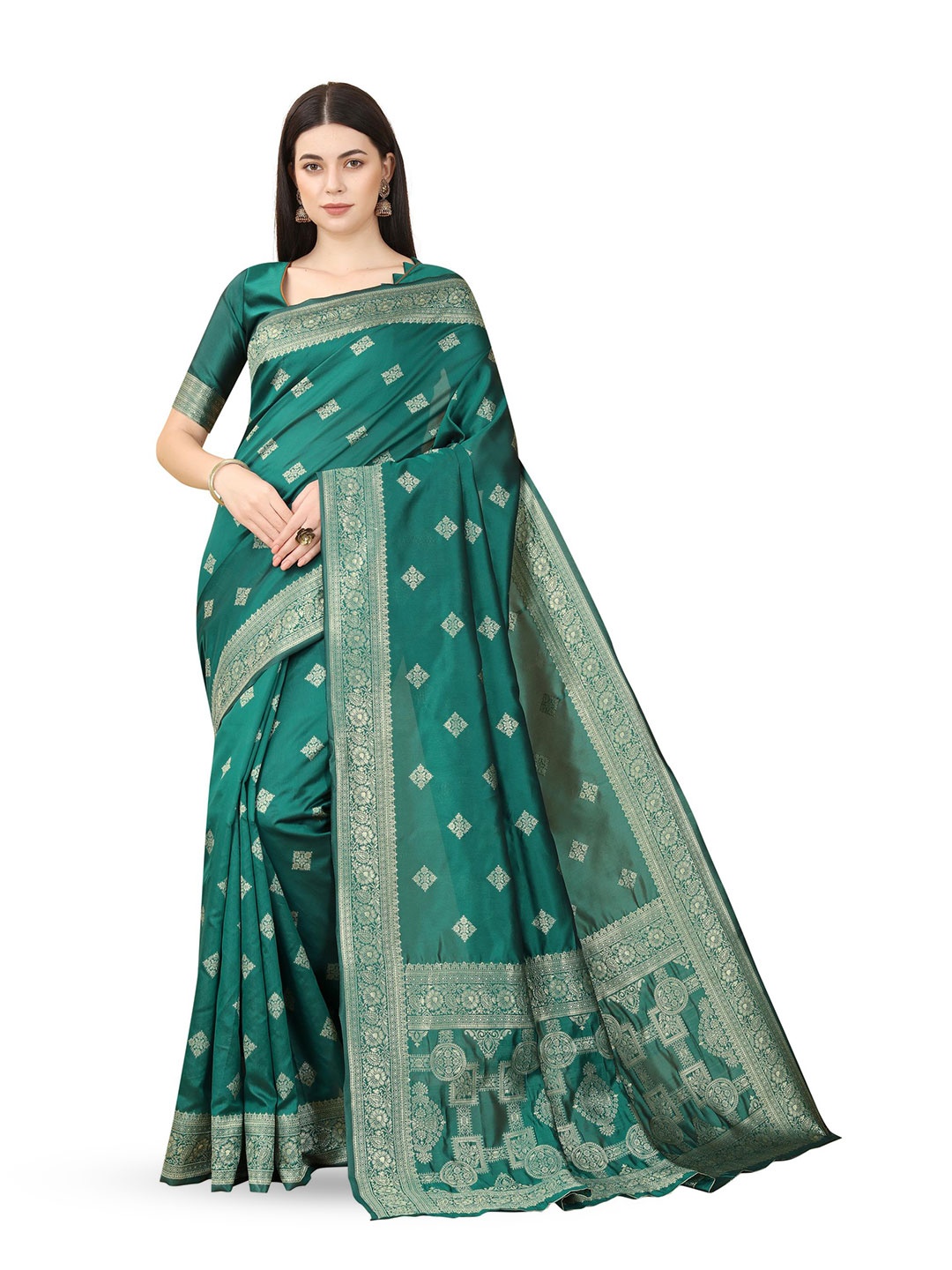 

Linza Geometric Woven Design Pure Silk Banarasi Zari Saree, Green