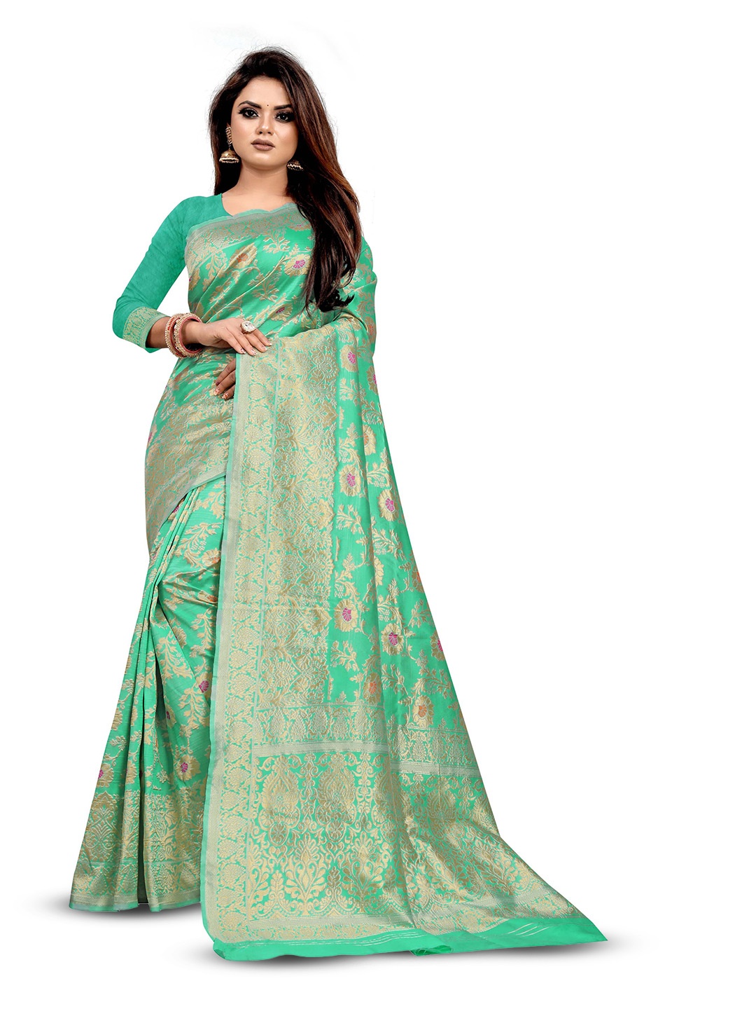

Linza Floral Woven Design Pure Silk Banarasi Zari Saree, Sea green
