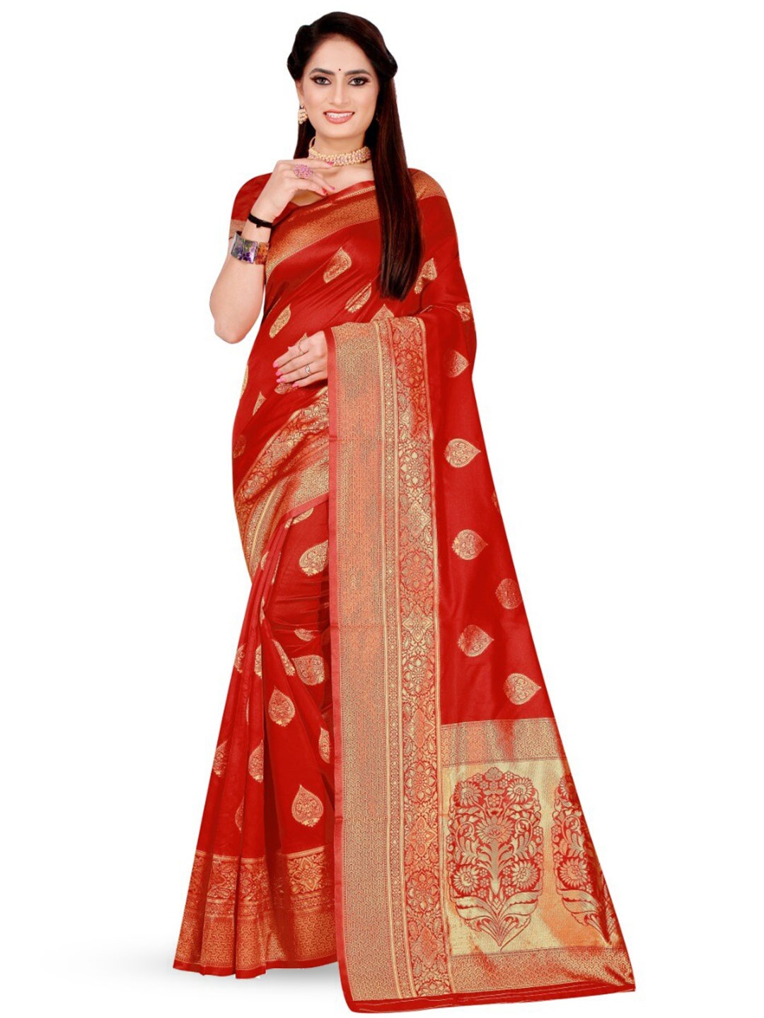 

Linza Woven Design Zari Pure Silk Banarasi Saree, Red