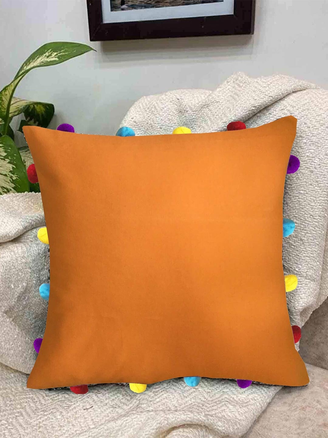 

Lushomes Orange & Blue Pom Poms Cotton Square Cushion Cover