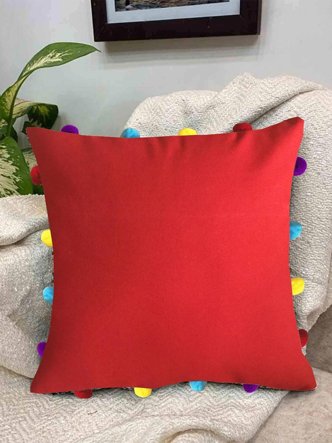 

Lushomes Red & Blue Pom Poms Cotton Square Cushion Cover