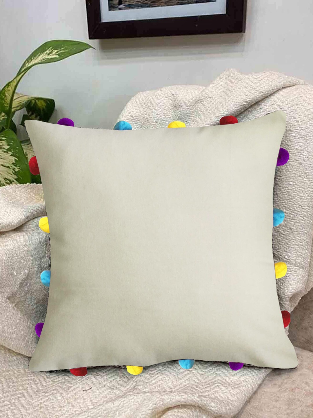 

Lushomes Beige Square Cotton Cushion Cover With Pom Pom