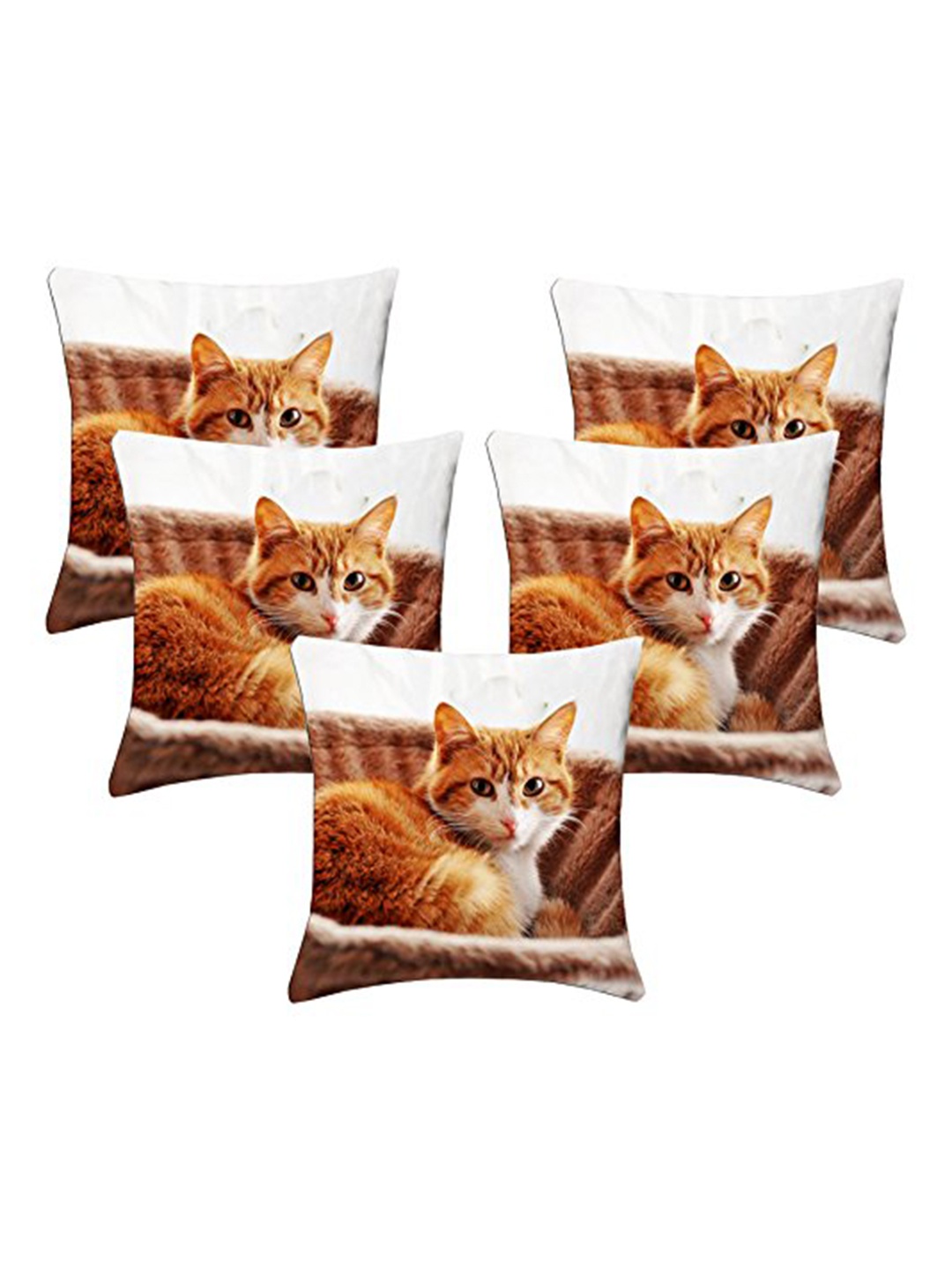 

Lushomes White & Brown 5 Pieces Cat Digital Print Square Cushion Covers