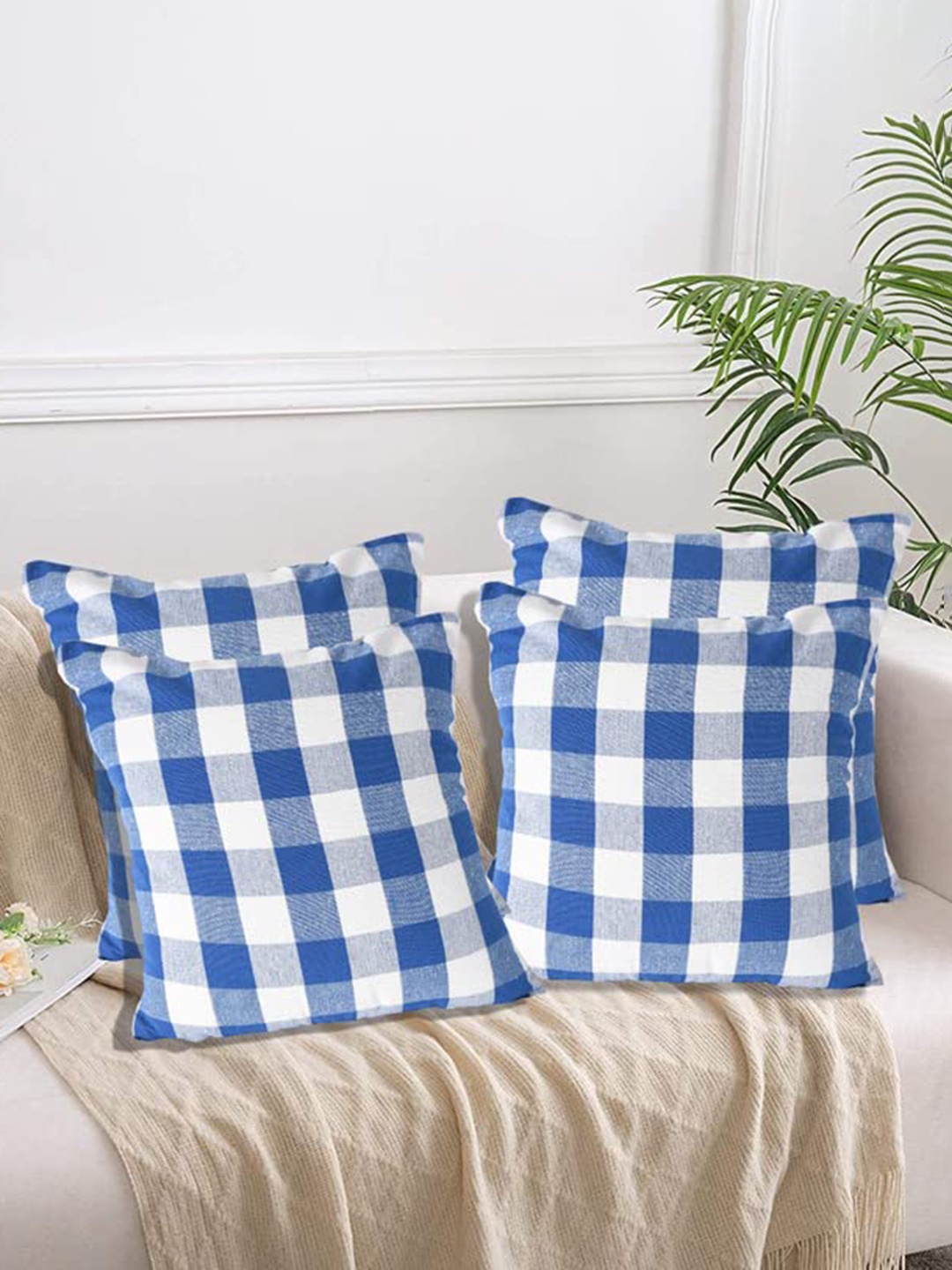 

Lushomes Blue & White 4 Pieces Checked Cotton Square Cushion Covers