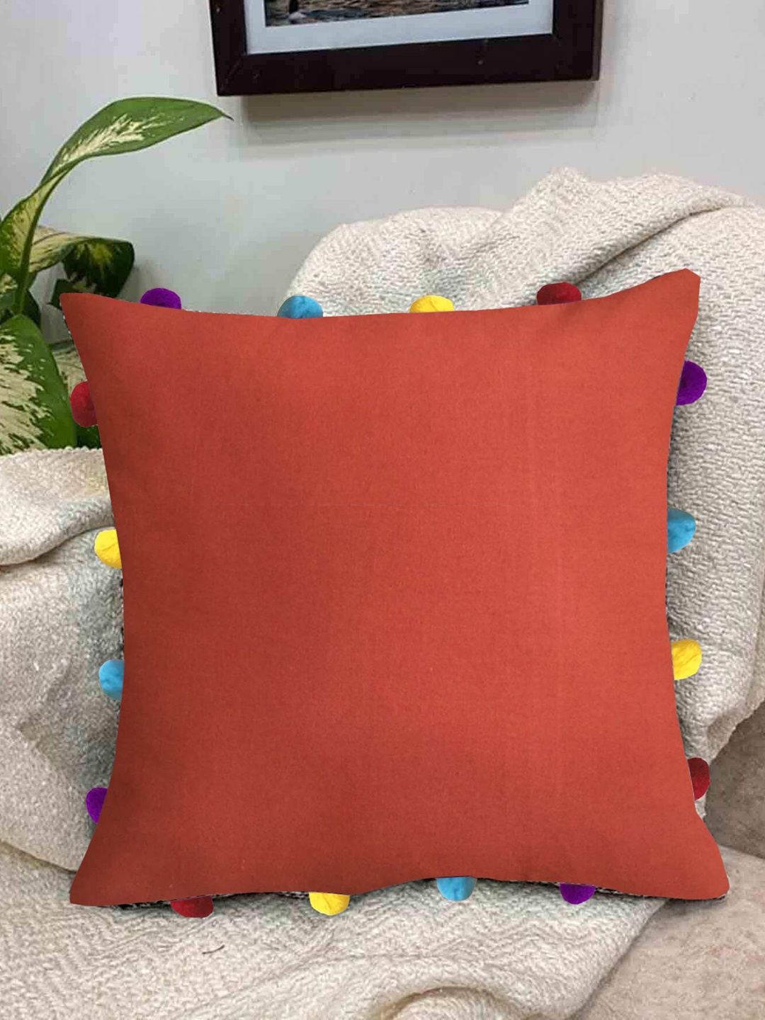 

Lushomes Orange Cotton Square Cushion Cover With Pom Pom