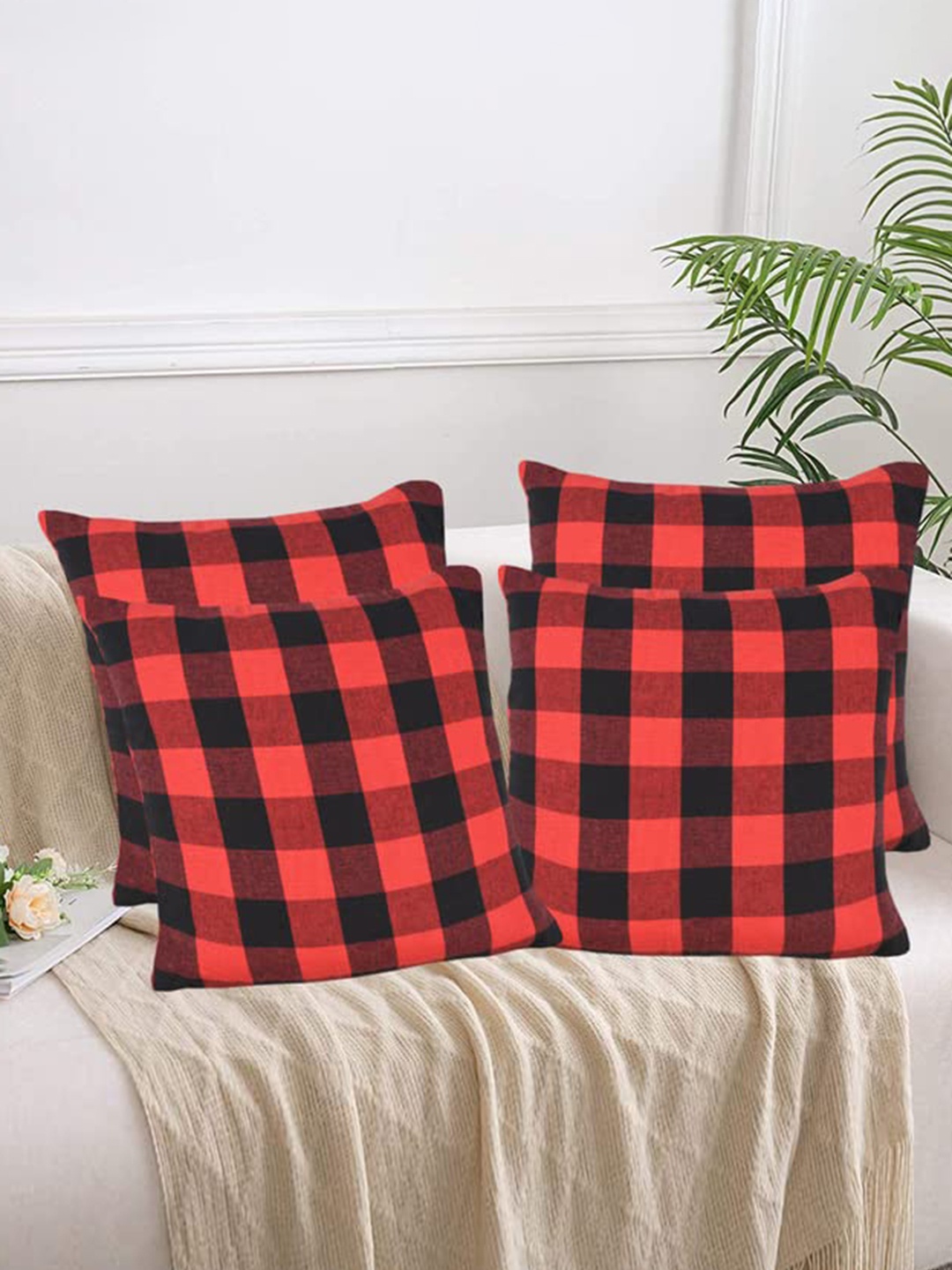 

Lushomes Red & Black 4 Pieces Checked Cotton Square Cushion Covers