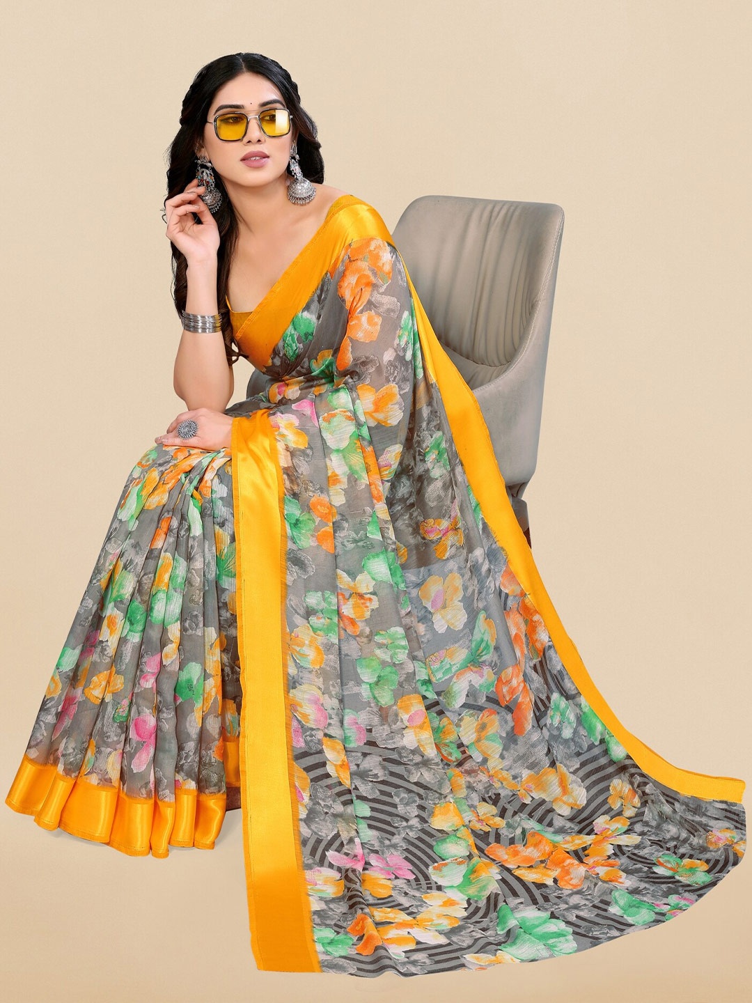 

KALINI Grey & Mustard Floral Printed Saree